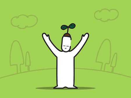 Vector : Man hand up with plant on head with tree on green background,eco concept.のイラスト素材