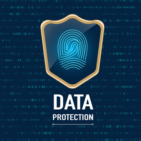 Vector : Data Protection concept, Gold sheild protect a finger print (privacy data) on navy blue background.のイラスト素材