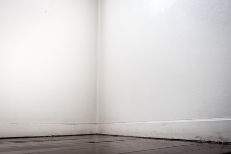 Empty white wall and dark brown parquet floor in perspective view.の写真素材