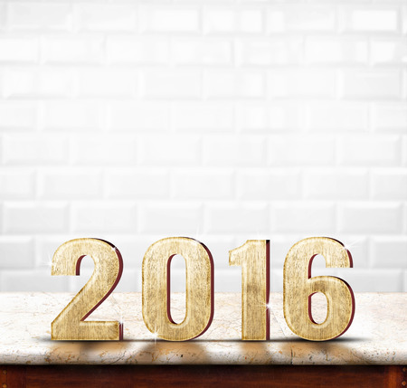 2016 Year  wood texture on marble table with white ceramic tile wall,Holiday concept. Leave space for adding your text.の写真素材