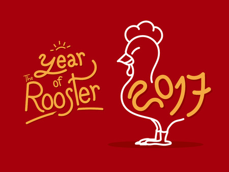 vector of doodle rooster with 2017 new year and year of the rooster word on red background,Holiday concept.のイラスト素材
