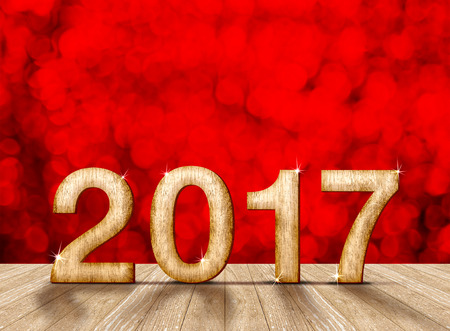 Happy New Year 2017 number in perspective room with red sparkling bokeh lights and wooden plank...