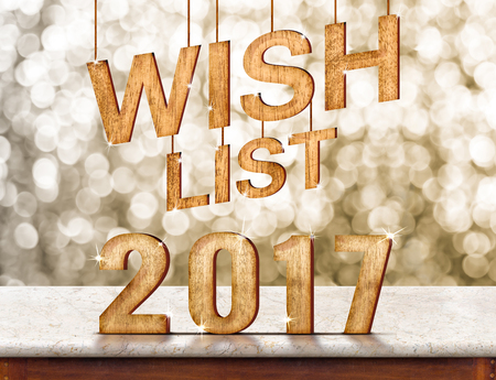 Wish list 2017 wood texture on marble table with sparkling bokeh wall,holiday concept.の写真素材