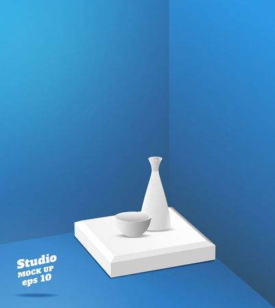 Vector,Empty blue studio room with corner background ,Template mock up for display or montage of product,Business backdrop.のイラスト素材