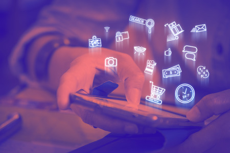 Close up woman using mobile phone with Online shopping icon features, Digital lifestyle...