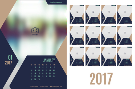 Vector of Calendar 2017 year ,12 month calendar with modern navy blue color style,week start at Sunday,Template for place your photo.のイラスト素材
