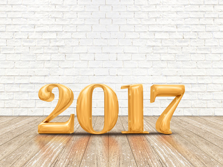 Happy New year 2017 (3d rendering) gold color number on wood plank floor and white brick wall,...