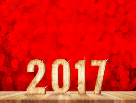 Happy New Year 2017 number in perspective room with red sparkling bokeh lights and wooden plank floor,leave space for adding content.の写真素材