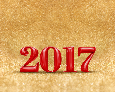 happy new year 2017 (3d rendering) red color at golden sparkling glitter room background,new year an...