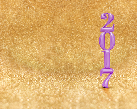 happy new year 2017 (3d rendering) purple color at golden sparkling glitter room background,Holiday...
