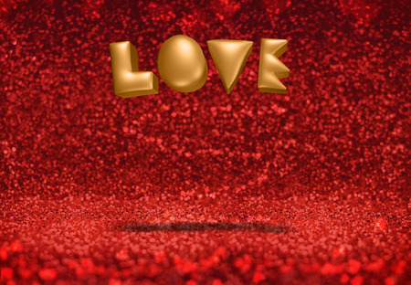 Love (3d rendering) gold color word floating at red sparkling glitter room, Valentine's day greeting...