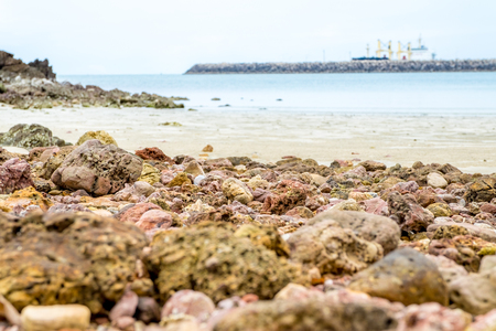 close up sea rock at beach with blur sea line background,low angle viewの写真素材