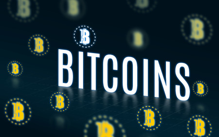 Bitcoins with bitcoins icon floating on dark green tech background,Digital banking technology.