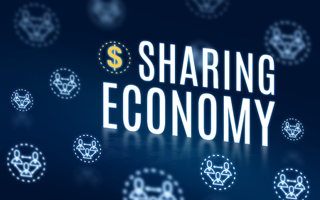 Sharing economy with connection people icon floating on navy blue tech background,Digital economy technology.の写真素材