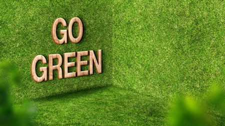 Eco concept ,Wood texture go green text (3d rendering) on green grass perspective coener room,leave space for add your text.の写真素材