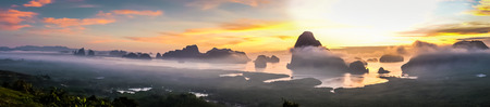 Panorama view of sea and mountain in sun rise morning time,Nature scene,Khao Samed Nang Chee Viewpoint,Thailand.の写真素材