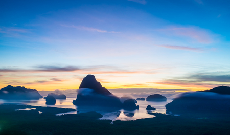 Panorama view of sea and mountain in sun rise morning time,Nature scene,Khao Samed Nang Chee Viewpoint,Phang Nga,Thailand.の写真素材