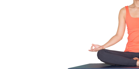 Close up hands of master yoga seated doing Hand Mudra and meditates isolated white background.wellness and healthy lifestyle,leave space for adding text.の写真素材