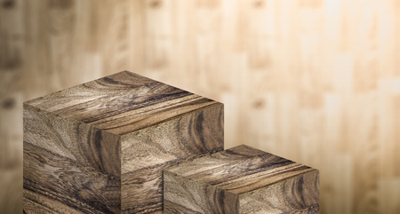Display stand podium made from hardwood in two step with copy space for display of product design at blur plank wood background,Banner for advertise on website,organic natural look ,3d rendering.の写真素材