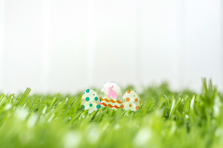 Glass easter eggs on green grass field at white fence in backyard garden. happy easter day concept.leave sapce for adding text.3d renderingの写真素材