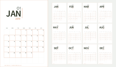Vector of 2019 new year calendar in minimal table simple style and organic tone color,Holiday event planner,Week Starts Sunday,A5 size.のイラスト素材