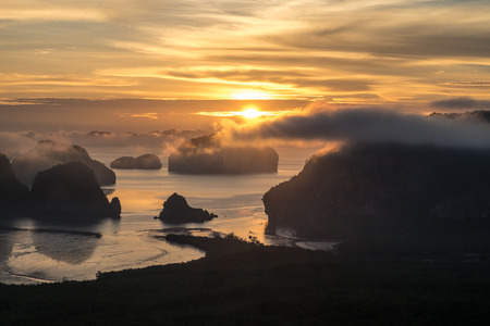 Panorama view of sea and mountain in sun rise morning golden hour time,Nature scene,Khao Samed Nang Chee Viewpoint,Phang Nga,Thailandの写真素材