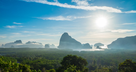 Panorama view of sea and mountain in morning golden hour time,Nature scene,Khao Samed Nang Chee Viewpoint,Phang Nga,Thailandの写真素材