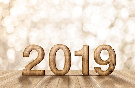 2019 happy year wood number in perspective room with sparkling bokeh wall and wooden plank floorの写真素材