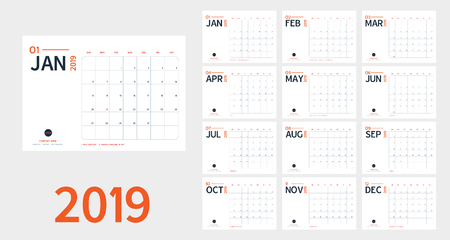 Vector of 2019 new year calendar in clean minimal table simple style and blue and orange color,Holiday event planner,Week Starts Sunday.include holiday event.A5 sizeのイラスト素材