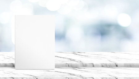 white poster on step white marble table top with blur patient waiting for doctor at hospital with bokeh light at background,Mock up template for display of your design,Banner for advertise of productの写真素材