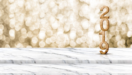 Happy new year wood 2019 number (3d rendering ) on step white marble table with sparkling gold bokeh wall,banner for display of product for holiday celebration promotion and advertise for online contentの写真素材