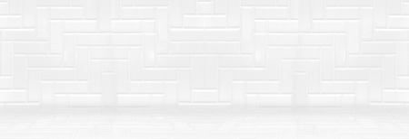 Empty white clean ceramic tile wall and floor background,Minimal simple style interior backdrop.panoramic banner for display of product or designの写真素材