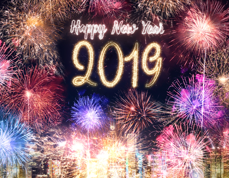 Happy new year 2019 firework over cityscape building at night time celebration,Happy new year countdown.greeting cardの写真素材