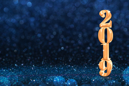 2019 golden new years 3d rendering at abstract sparkling dark blue glitter perspective background studio.luxury holiday backdrop.mock up banner for display of product.celebration festive greeting cardの写真素材