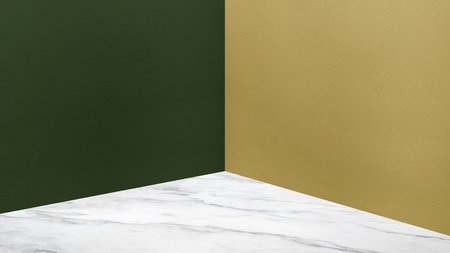 Empty corner dark green and mustard yellow concrete wall and  white marble floor perspective room,Modern style room,Mock up for display of product,business presentationの写真素材