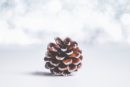 Brown pine cone on white table and silver bokeh light blur background,Christmas Holiday Greeting cardの写真素材