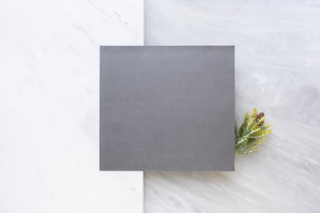 Top view of blank grey card with pine leaf on two layer step of marble table top.Mock up template for display of design .luxury business itemsの写真素材
