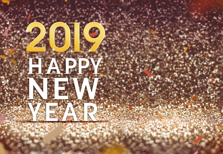 Happy New year 2019 in gold color abstract glitter background, Holiday concept design,Leave space for adding your contentの写真素材