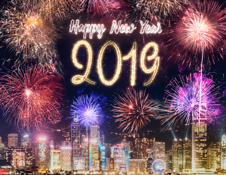 Happy new year 2019 firework over cityscape building at night time celebration,Happy new year countdown.greeting cardの写真素材