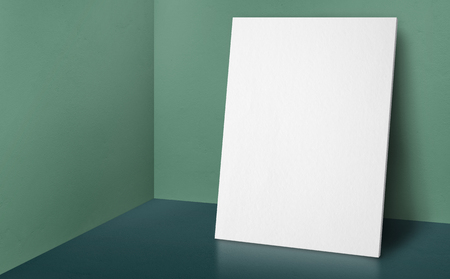 Blank poster at corner pale green wall and  dark green floor studio room with background,Mock up studio room for display or montage of product for advertising on media,Business presentationの写真素材