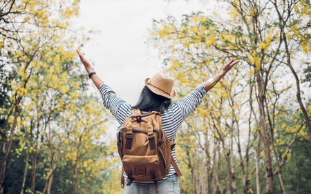 Asian traveler woman backpacker raise arm up  look at view and enjoy moment at forest in autumn season,Freedom wanderlust travel.solo backpackの写真素材