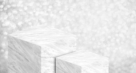 Product display stand made from white glossy marble in two step on silver bokeh sparkle background have copy space for display of content or design,Banner for advertise product on website,3d renderingの写真素材