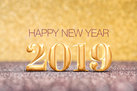 happy new year 2019 year number ( 3d rendering ) at sparkling golden and red copper glitter floor studio background ,Holiday celebration Greeting cardの写真素材