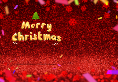 Gold Merry christmas (3d rendering) at perspective red sparkling glitter with colorful confetti,Holiday greeting card designの写真素材