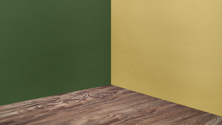 Empty corner green and yellow concrete wall and wooden floor perspective room,Modern style room,Mock up for display of product,business presentationの写真素材