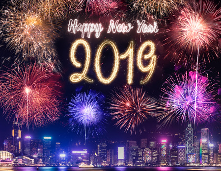 Happy new year 2019 firework over cityscape building at night time celebration,Happy new year countdown.greeting cardの写真素材