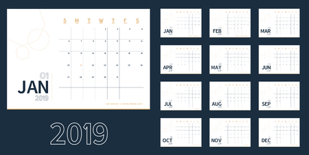 Vector of 2019 new year calendar in clean minimal blue table simple style, holiday event planner, week Starts Sunday include holiday event. A5 sizeの写真素材