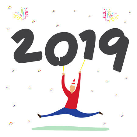 Vector of Man dancing and holding 2019 happy new year balloon with party colorful on white background, Doodle style Holiday decoration greeting card.のイラスト素材