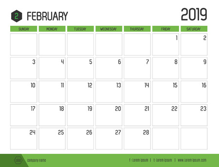 Vector of modern green calendar 2019 ( February ) in simple clean table style.full size 21 x 16 cm; Week start on Sundayのイラスト素材