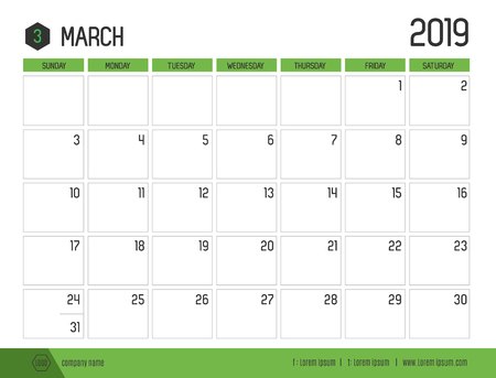 Vector of modern green calendar 2019 ( March ) in simple clean table style.full size 21 x 16 cm; Week start on Sundayのイラスト素材